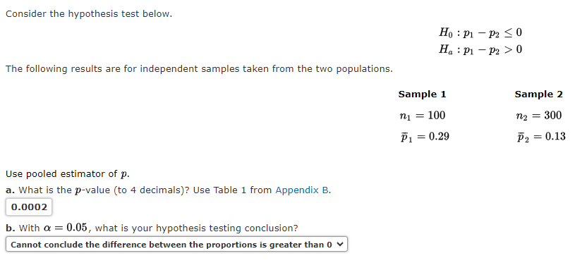 Consider the hypothesis test below.
The following results are for independent samples taken from the two populations.
Use pooled estimator of p.
a. What is the p-value (to 4 decimals)? Use Table 1 from Appendix B.
0.0002
b. With a = 0.05, what is your hypothesis testing conclusion?
Cannot conclude the difference between the proportions is greater than 0 ✓
Ho: P1
Ha P1
Sample 1
n₁ = 100
P₁ = 0.29
P2 ≤0
P2 > 0
Sample 2
n₂ = 300
P2 = 0.13