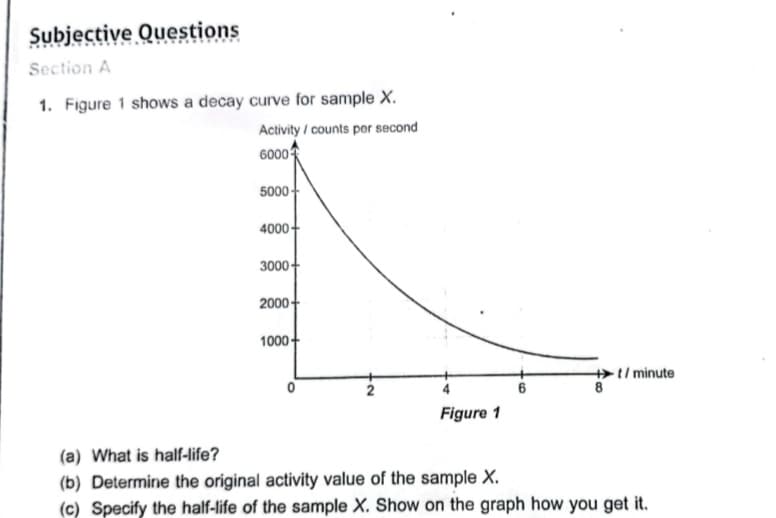 Subjective Questions
Section A
1. Figure 1 shows a decay curve for sample X.
Activity / counts per second
6000
5000-
4000-
3000+
2000+
1000-
t/ minute
8
2
6
Figure 1
(a) What is half-life?
(b) Determine the original activity value of the sample X.
(c) Specify the half-life of the sample X. Show on the graph how you get it.
