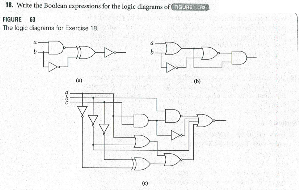 18. Write the Boolean expressions for the logic diagrams of FIGURE 63
FIGURE
63
The logic diagrams for Exercise 18.
b.
(a)
(b)
(c)
