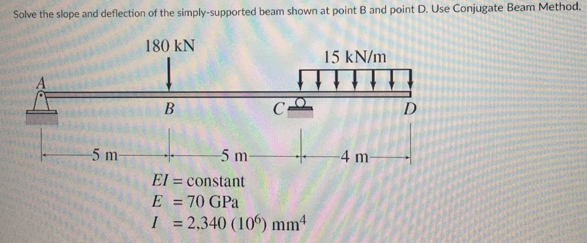 Solve the slope and deflection of the simply-supported beam shown at point B and point D. Use Conjugate Beam Method.
180 KN
-5 m-
B
C-
-5 m-
EI= constant
E
= 70 GPa
I = 2,340 (106) mmª
15 kN/m
-4 m
D