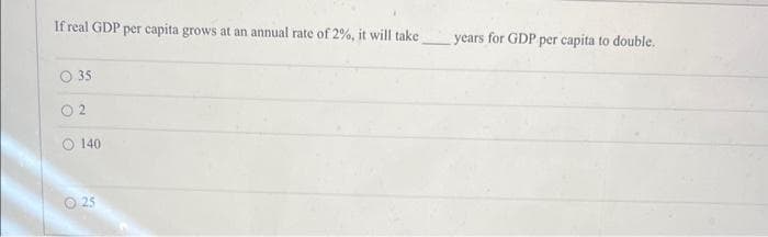 If real GDP per capita grows at an annual rate of 2%, it will take
O 35
0 2
140
025
years for GDP per capita to double.