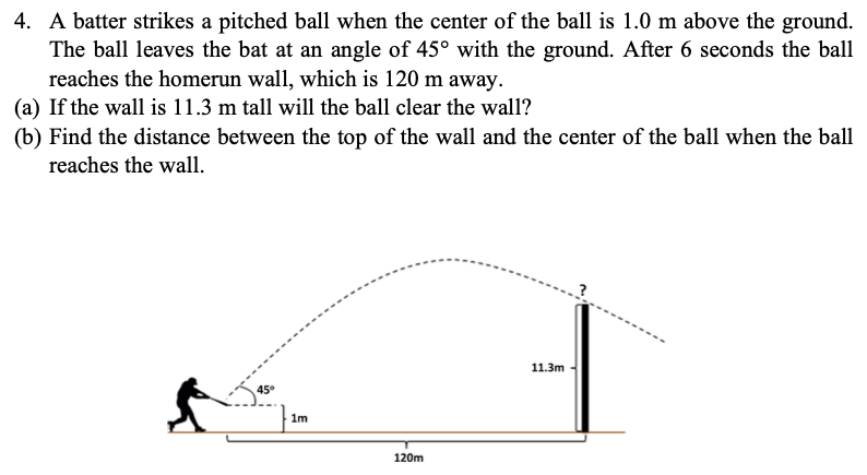 4. A batter strikes a pitched ball when the center of the ball is 1.0 m above the ground.
The ball leaves the bat at an angle of 45° with the ground. After 6 seconds the ball
reaches the homerun wall, which is 120 m away.
(a) If the wall is 11.3 m tall will the ball clear the wall?
(b) Find the distance between the top of the wall and the center of the ball when the ball
reaches the wall.
11.3m
45°
1m
120m
