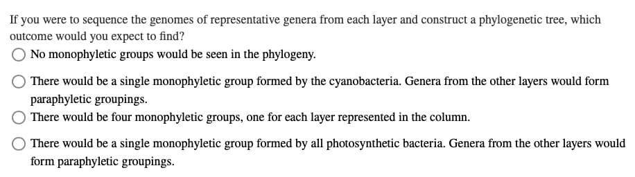If you were to sequence the genomes of representative genera from each layer and construct a phylogenetic tree, which
outcome would you expect to find?
No monophyletic groups would be seen in the phylogeny.
There would be a single monophyletic group formed by the cyanobacteria. Genera from the other layers would form
paraphyletic groupings.
There would be four monophyletic groups, one for each layer represented in the column.
There would be a single monophyletic group formed by all photosynthetic bacteria. Genera from the other layers would
form paraphyletic groupings.