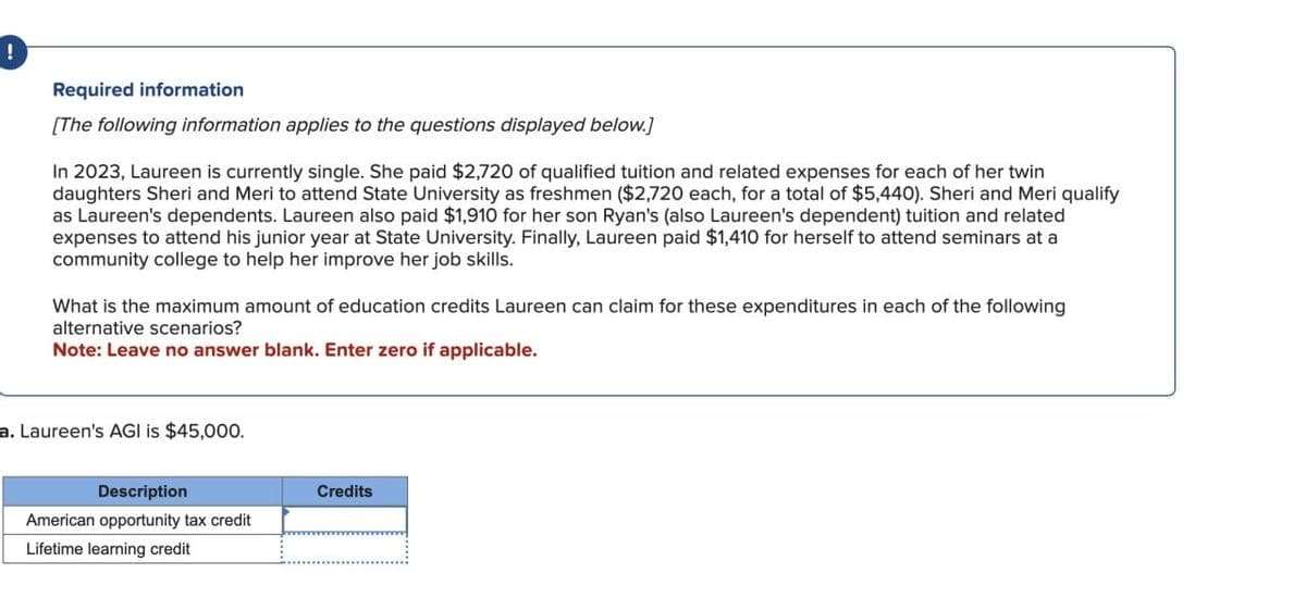 !
Required information
[The following information applies to the questions displayed below.]
In 2023, Laureen is currently single. She paid $2,720 of qualified tuition and related expenses for each of her twin
daughters Sheri and Meri to attend State University as freshmen ($2,720 each, for a total of $5,440). Sheri and Meri qualify
as Laureen's dependents. Laureen also paid $1,910 for her son Ryan's (also Laureen's dependent) tuition and related
expenses to attend his junior year at State University. Finally, Laureen paid $1,410 for herself to attend seminars at a
community college to help her improve her job skills.
What is the maximum amount of education credits Laureen can claim for these expenditures in each of the following
alternative scenarios?
Note: Leave no answer blank. Enter zero if applicable.
a. Laureen's AGI is $45,000.
Description
American opportunity tax credit
Lifetime learning credit
Credits