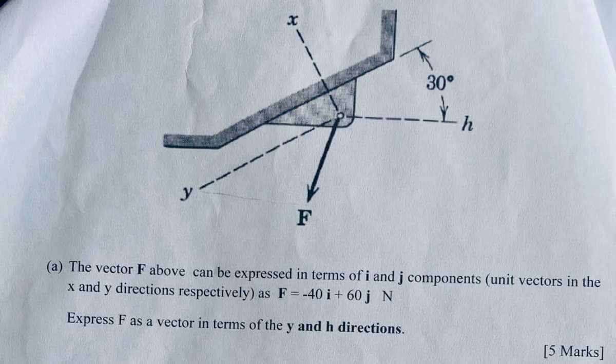 y
F
30°
In
(a) The vector F above can be expressed in terms of i and j components (unit vectors in the
x and y directions respectively) as F = -40 i +60 j N
Express F as a vector in terms of the y and h directions.
[5 Marks]