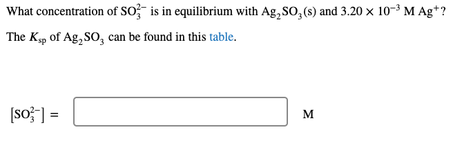 What concentration of SO? is in equilibrium with Ag,SO,(8) and 3.20 × 10-³ M Ag*?
The Ksp of Ag, SO, can be found in this table.
(sof] =
M
