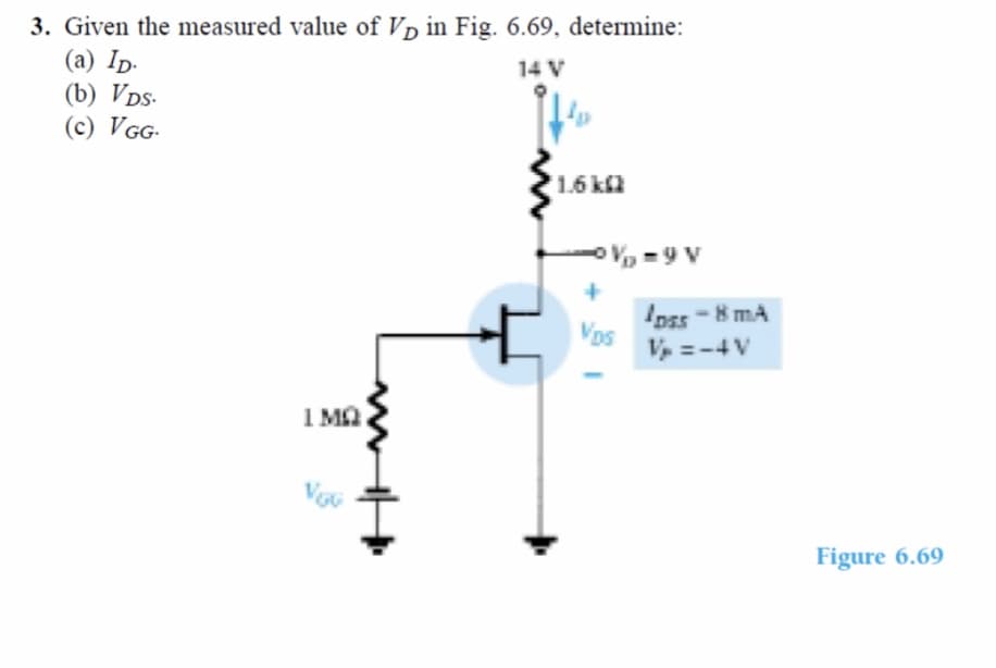 3. Given the measured value of Vp in Fig. 6.69, determine:
(а) Ip.
(b) VDs-
(c) VGG-
14 V
1.6 k2
Vp=9 V
Ipss-8 mA
Vos
V =-4V
1 MA
Figure 6.69
