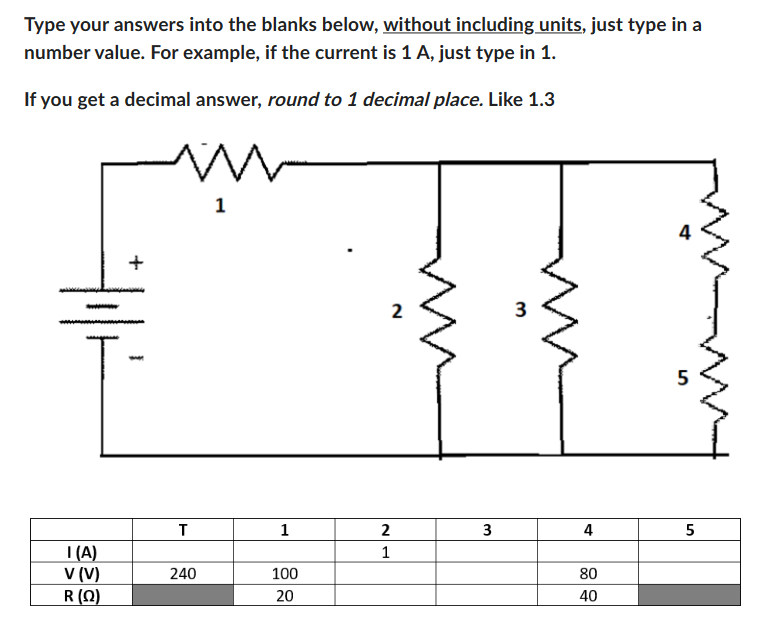 Type your answers into the blanks below, without including units, just type in a
number value. For example, if the current is 1 A, just type in 1.
If you get a decimal answer, round to 1 decimal place. Like 1.3
m
1
I (A)
V (V)
R(Q)
+
T
240
1
100
20
2
1
N
3
3
m
4
80
40
5
5