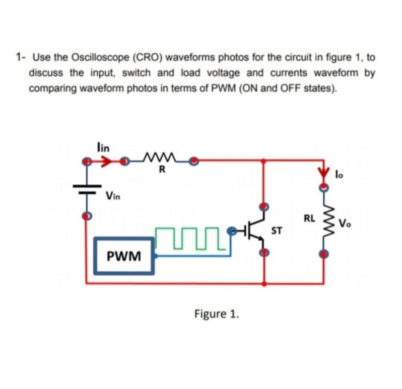 1- Use the Oscilloscope (CRO) waveforms photos for the circuit in figure 1, to
discuss the input, switch and load voltage and currents waveform by
comparing waveform photos in terms of PWM (ON and OFF states).
lin
R
lo
Vin
RL
Vo
ST
PWM
Figure 1.
