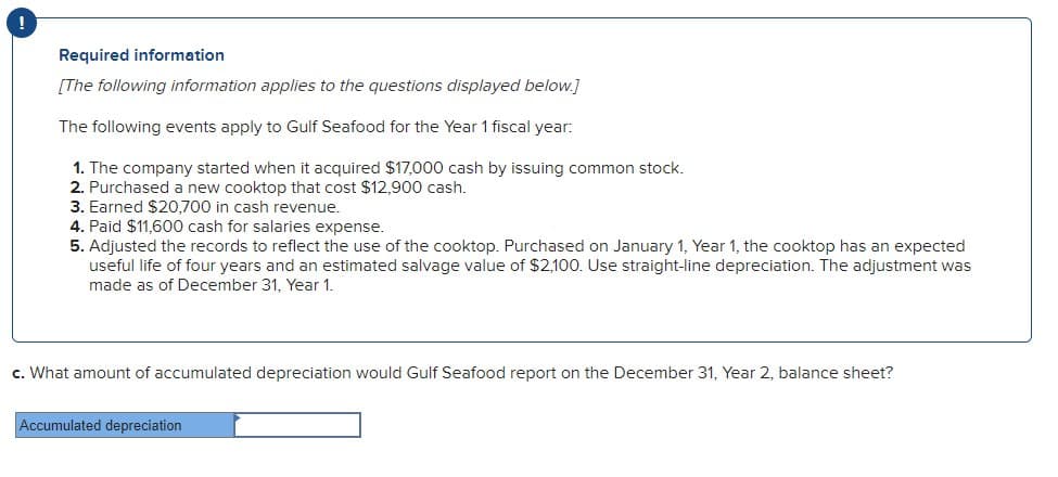 Required information
[The following information applies to the questions displayed below.]
The following events apply to Gulf Seafood for the Year 1 fiscal year:
1. The company started when it acquired $17,000 cash by issuing common stock.
2. Purchased a new cooktop that cost $12,900 cash.
3. Earned $20,700 in cash revenue.
4. Paid $11,600 cash for salaries expense.
5. Adjusted the records to reflect the use of the cooktop. Purchased on January 1, Year 1, the cooktop has an expected
useful life of four years and an estimated salvage value of $2,100. Use straight-line depreciation. The adjustment was
made as of December 31, Year 1.
c. What amount of accumulated depreciation would Gulf Seafood report on the December 31, Year 2, balance sheet?
Accumulated depreciation