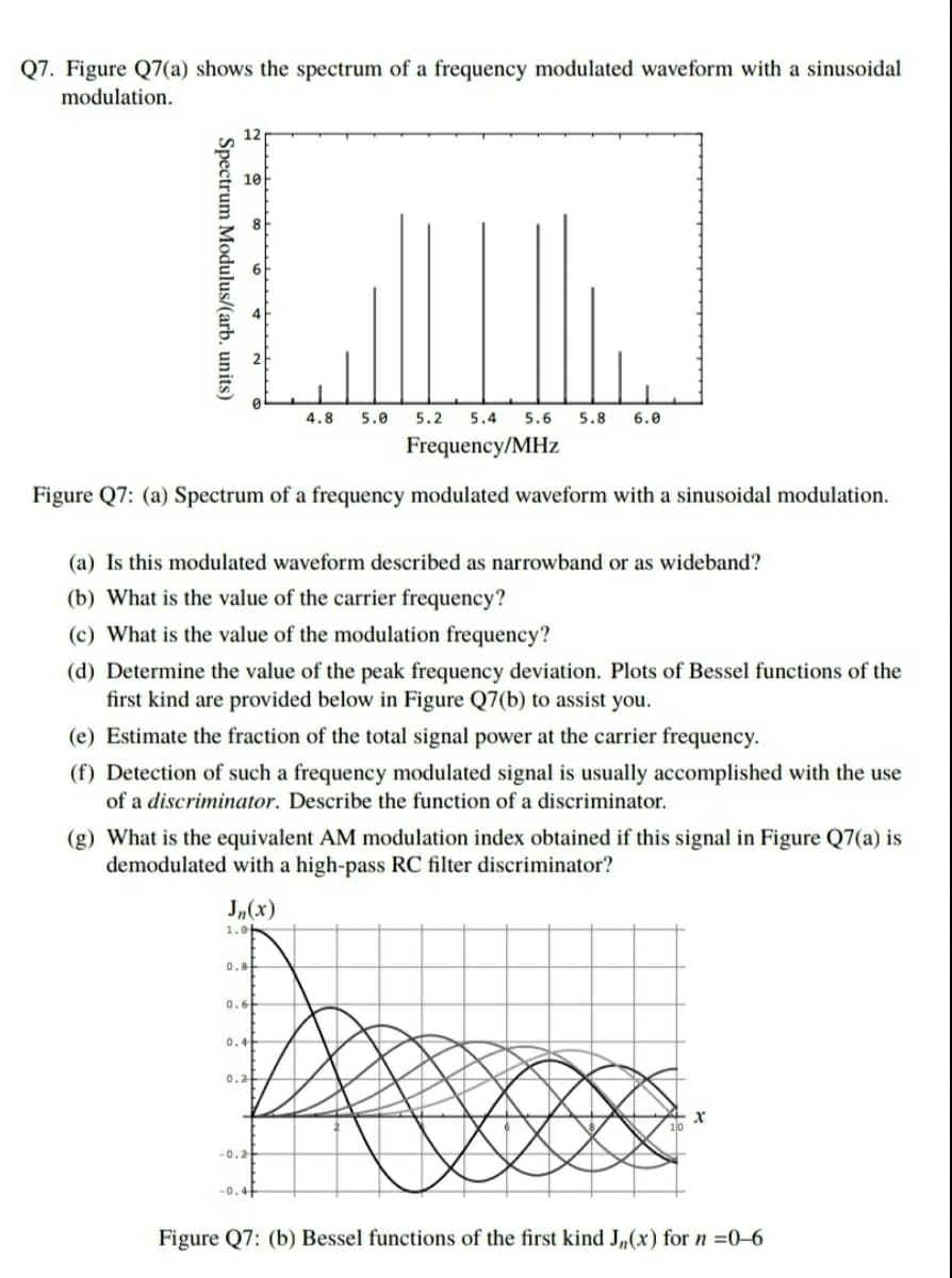 Q7. Figure Q7(a) shows the spectrum of a frequency modulated waveform with a sinusoidal
modulation.
12
4.8
5.0
5.2
5.4
5.6
5.8
6.0
Frequency/MHz
Figure Q7: (a) Spectrum of a frequency modulated waveform with a sinusoidal modulation.
(a) Is this modulated waveform described as narrowband or as wideband?
(b) What is the value of the carrier frequency?
(c) What is the value of the modulation frequency?
(d) Determine the value of the peak frequency deviation. Plots of Bessel functions of the
first kind are provided below in Figure Q7(b) to assist you.
(e) Estimate the fraction of the total signal power at the carrier frequency.
(f) Detection of such a frequency modulated signal is usually accomplished with the use
of a discriminator. Describe the function of a discriminator.
(g) What is the equivalent AM modulation index obtained if this signal in Figure Q7(a) is
demodulated with a high-pass RC filter discriminator?
J„(x)
1.0
0.8
0.6
0.4
0.2
-0.2
-0.4
Figure Q7: (b) Bessel functions of the first kind J„(x) for n =0–6
Spectrum Modulus/(arb. units)
