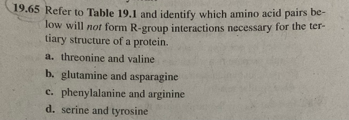 19.65 Refer to Table 19.1 and identify which amino acid pairs be-
low will not form R-group interactions necessary for the ter-
tiary structure of a protein.
a. threonine and valine
b. glutamine and asparagine
c. phenylalanine and arginine
d. serine and tyrosine