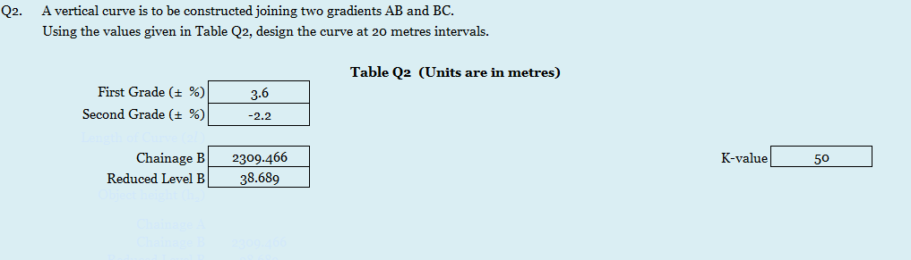 Q2.
A vertical curve is to be constructed joining two gradients AB and BC.
Using the values given in Table Q2, design the curve at 20 metres intervals.
First Grade (± %)
Second Grade (± %)
3.6
-2.2
Chainage B
2309.466
Reduced Level B 38.689
Table Q2 (Units are in metres)
K-value
50