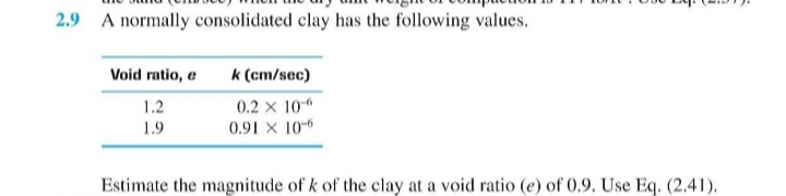 2.9 A normally consolidated clay has the following values.
Void ratio, e
k (cm/sec)
0.2 × 10
0.91 x 10-6
1.2
1.9
Estimate the magnitude of k of the clay at a void ratio (e) of 0,9. Use Eq. (2,41).
