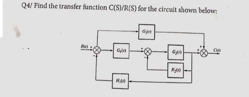 Q4/ Find the transfer function C(S)/R(S) for the circuit shown below:
R(s)
G₁(s)
Gy(s)
Gy(s)
H₂(s)
C(s)