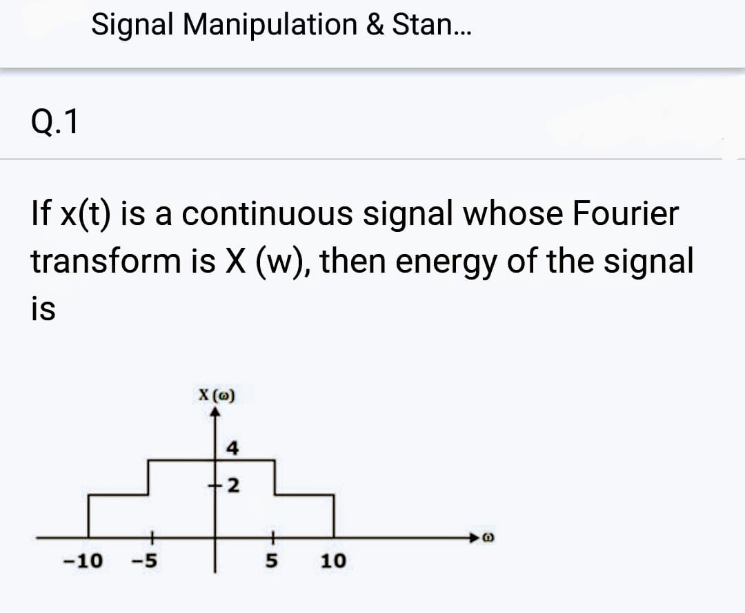 Q.1
Signal Manipulation & Stan...
If x(t) is a continuous signal whose Fourier
transform is X (w), then energy of the signal
is
-10 -5
X (0)
4
2
10
