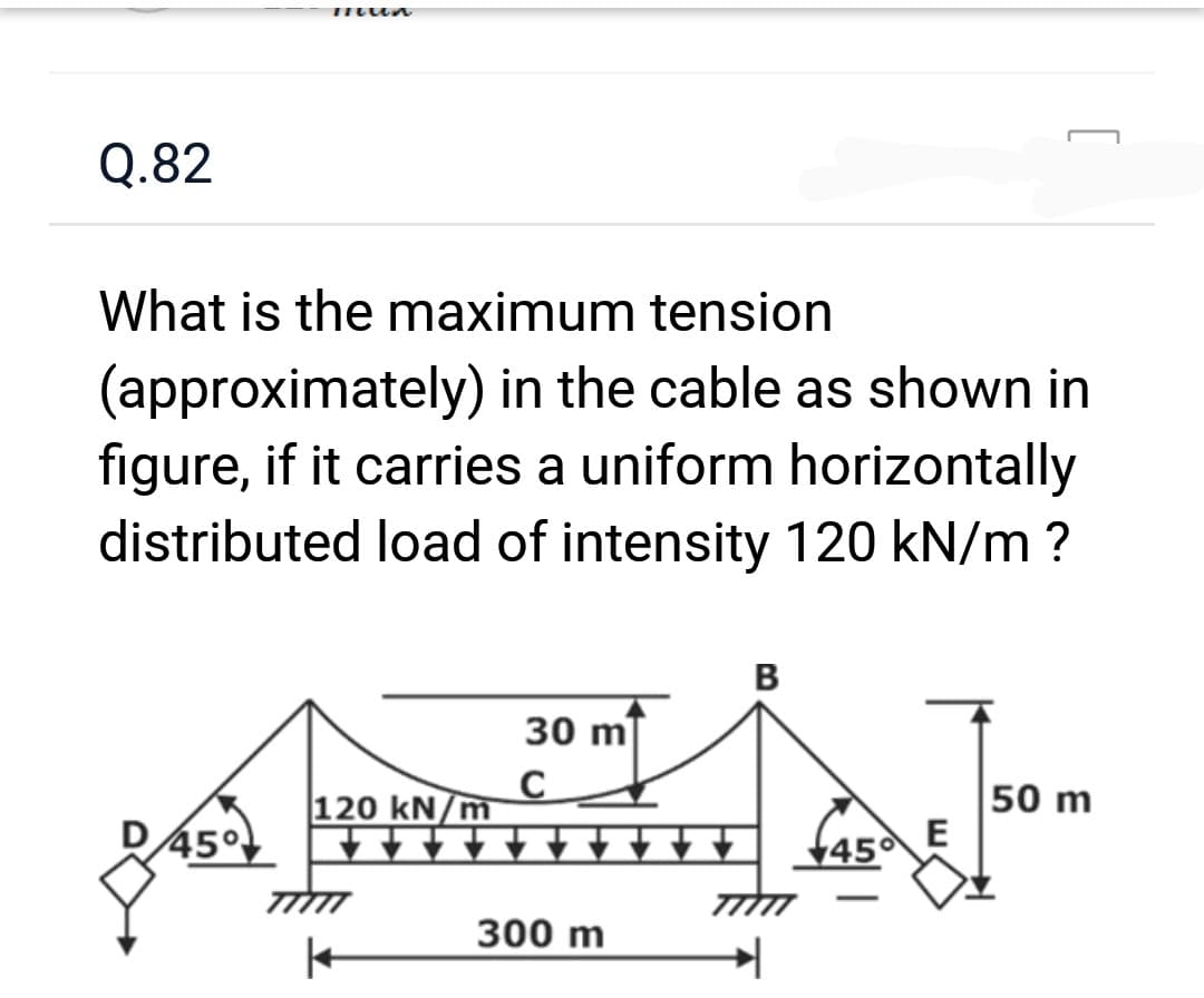 Q.82
Milun
What is the maximum tension
(approximately) in the cable as shown in
figure, if it carries a uniform horizontally
distributed load of intensity 120 kN/m ?
D45°
120 kN/m
1
30 m
C
300 m
B
45 E
50 m