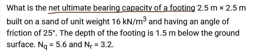 What is the net ultimate bearing capacity of a footing 2.5 mx 2.5 m
built on a sand of unit weight 16 kN/m³ and having an angle of
friction of 25°. The depth of the footing is 1.5 m below the ground
surface. No = 5.6 and N₁ = 3.2.