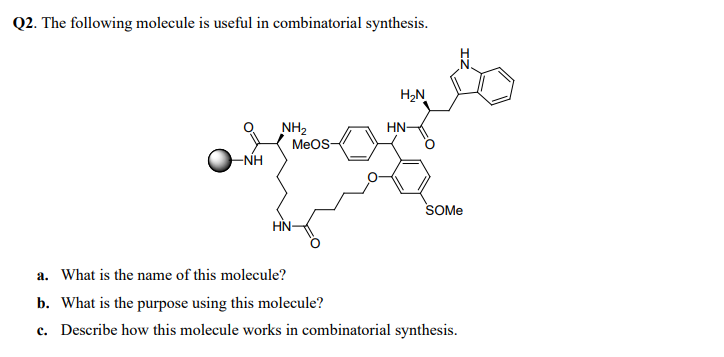 Q2. The following molecule is useful in combinatorial synthesis.
H₂N
NH₂
SOMe
HN-
a. What is the name of this molecule?
b. What is the purpose using this molecule?
c. Describe how this molecule works in combinatorial synthesis.
-NH
MeOS-
HN-