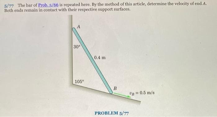 5/77 The bar of Prob. 5/66 is repeated here. By the method of this article, determine the velocity of end A.
Both ends remain in contact with their respective support surfaces.
A
30°
105°
0.4 m
B
PROBLEM 5/77
UB=0.5 m/s