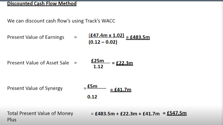Discounted Cash Flow Method
We can discount cash flow's using Track's WACC
Present Value of Earnings
Present Value of Asset Sale
Present Value of Synergy
Total Present Value of Money
Plus
(£47.4m x 1.02) = £483.5m
(0.12 -0.02)
£25m
1.12
-£5m
0.12
£22.3m
= £41.7m
= £483.5m + £22.3m + £41.7m = £547.5m