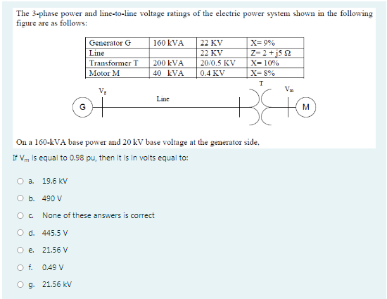 The 3-phase power and line-to-line voltage ratings of the electric power system shown in the following
figure are as follows:
Generator G
Line
160 kVA
22 KV
X= 9%
22 KV
Z= 2 +j5 2
Transformer T
200 kVA
20/0.5 KV
X= 10%
Motor M
40 kVA
0.4 KV
X= 8%
Line
M
On a 160-kVA base power and 20 kV base voltage at the generator side,
If Vm is equal to 0.98 pu, then it is in volts equal to:
O a. 19.6 kV
O b. 490 V
None of these answers is correct
O d. 445.5 V
O e. 21.56 V
Of.
0.49 V
O g. 21.56 kV
