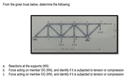 From the given truss below, determine the following:
20 KN
H
20 kN
5 @ 5m= 25 m
E
20 kN
10 kN-
5 m
a.
Reactions at the supports (KN)
b.
Force acting on member DG (KN), and identify if it is subjected to tension or compression
c. Force acting on member DG (KN), and identify if it is subjected to tension or compression
