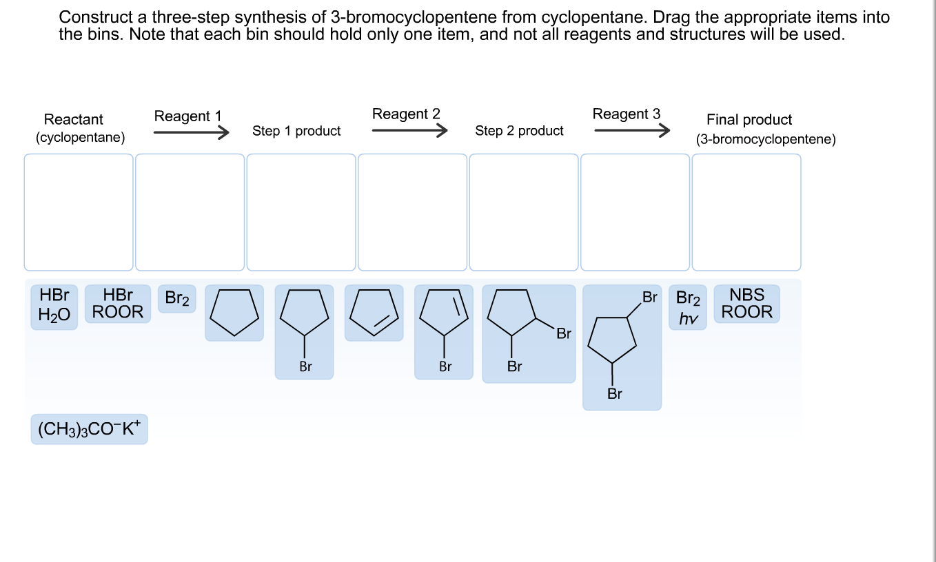 Construct a three-step synthesis of 3-bromocyclopentene from cyclopentane. Drag the appropriate items into
the bins. Note that each bin should hold only one item, and not all reagents and structures will be used.
Reagent 1
Reagent 2
Reagent 3
Final product
Reactant
(cyclopentane)
Step 1 product
Step 2 product
(3-bromocyclopentene)
ogog
HBr
ROOR
HBr
Br2
Br Br2
NBS
ROOR
H20
hv
Br
Br
Br
Br
Br
(CH3)3CO-K*
