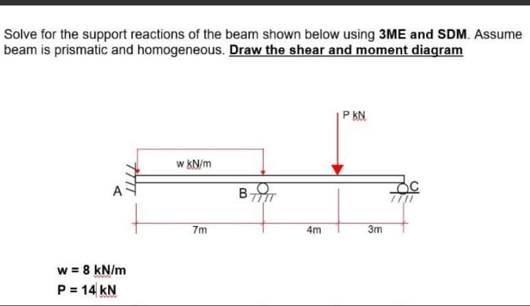 Solve for the support reactions of the beam shown below using 3ME and SDM. Assume
beam is prismatic and homogeneous. Draw the shear and moment diagram
w = 8 kN/m
P = 14 KN
w kN/m
7m
BTIT
4m
PKN
3m
