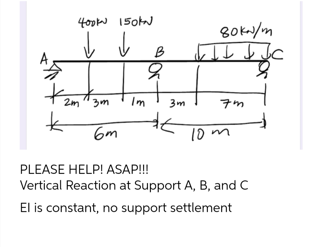 400k 150KN
↓ ↓
H
3m
tam
k
2m
6m
Im
B
2
3m
de
80kN/m
It J Jc
8
7m
10m
PLEASE HELP! ASAP!!!
Vertical Reaction at Support A, B, and C
El is constant, no support settlement