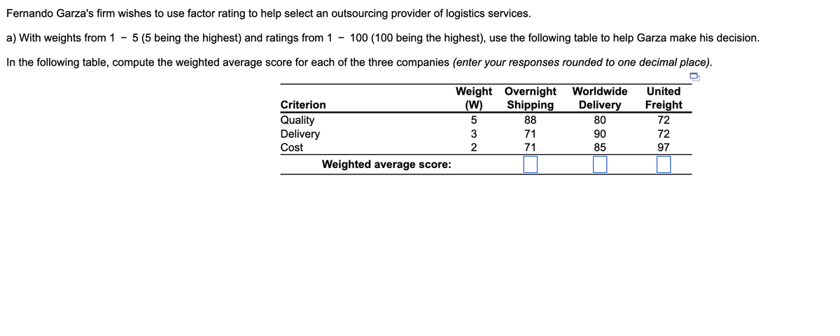 Fernando Garza's firm wishes to use factor rating to help select an outsourcing provider of logistics services.
a) With weights from 1
-
5 (5 being the highest) and ratings from 1 100 (100 being the highest), use the following table to help Garza make his decision.
In the following table, compute the weighted average score for each of the three companies (enter your responses rounded to one decimal place).
Weight Overnight
Criterion
Quality
(W)
Shipping
Worldwide
Delivery
United
Freight
5
88
80
72
Delivery
Cost
3
71
90
72
2
71
85
97
Weighted average score: