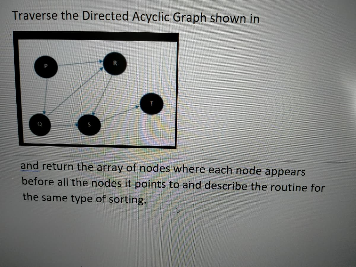 Traverse the Directed Acyclic Graph shown in
P
Q
and return the array of nodes where each node appears
before all the nodes it points to and describe the routine for
the same type of sorting.
