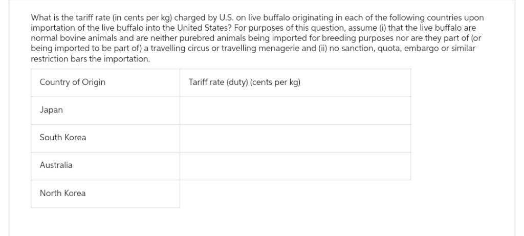 What is the tariff rate (in cents per kg) charged by U.S. on live buffalo originating in each of the following countries upon
importation of the live buffalo into the United States? For purposes of this question, assume (i) that the live buffalo are
normal bovine animals and are neither purebred animals being imported for breeding purposes nor are they part of (or
being imported to be part of) a travelling circus or travelling menagerie and (ii) no sanction, quota, embargo or similar
restriction bars the importation.
Country of Origin
Japan
South Korea
Australia
North Korea
Tariff rate (duty) (cents per kg)