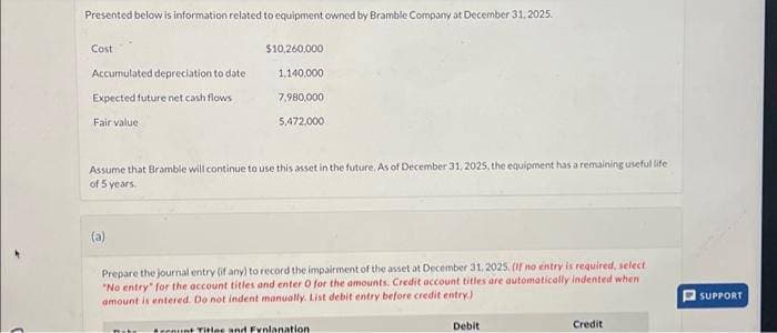 Presented below is information related to equipment owned by Bramble Company at December 31, 2025.
Cost
Accumulated depreciation to date.
Expected future net cash flows
Fair value
$10,260,000
(a)
1.140,000
7,980,000
5,472,000
Assume that Bramble will continue to use this asset in the future. As of December 31, 2025, the equipment has a remaining useful life
of 5 years.
Prepare the journal entry (if any) to record the impairment of the asset at December 31, 2025. (If no entry is required, select
"No entry for the account titles and enter 0 for the amounts. Credit account titles are automatically indented when
amount is entered. Do not indent manually. List debit entry before credit entry.)
ternunt Titles and Fynlanation
Debit
Credit
SUPPORT