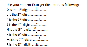 Use your student ID to get the letters as following:
D is the 1s* digit: .1
Lis the 2nd digit: .
Pis the 3rd digit: .
S is the 4th digit: .
N is the 5th digit:
K is the 6th digit:
M is the 7th digit:
Ris the 8th digit: .
f
8
....
3
....
6.
....
..........
