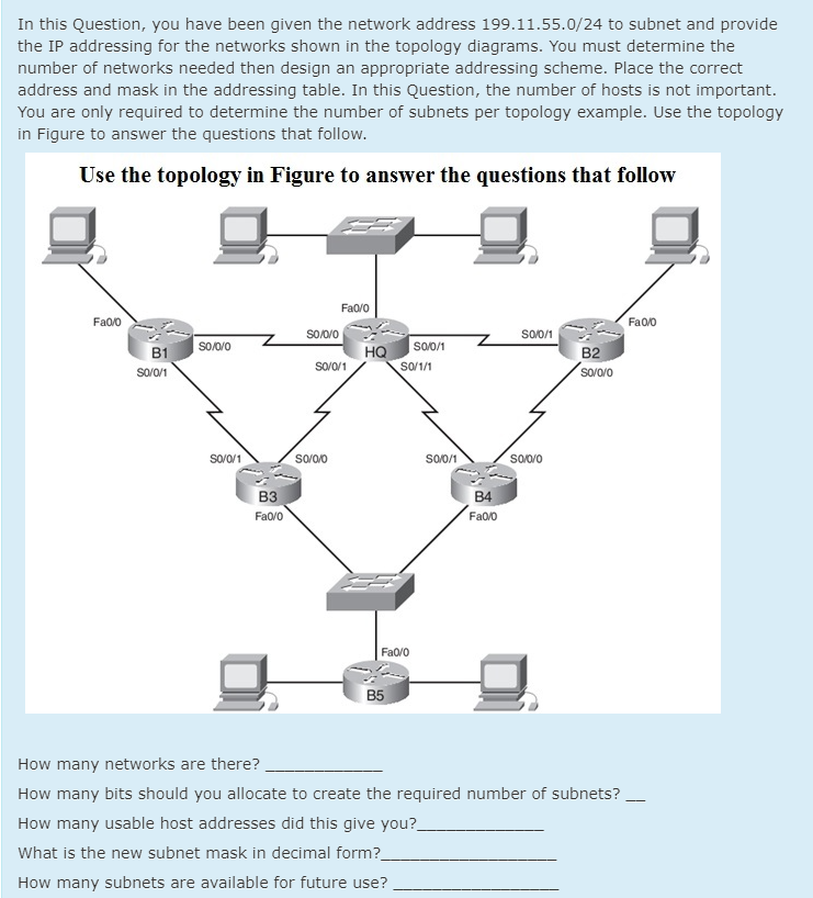 In this Question, you have been given the network address 199.11.55.0/24 to subnet and provide
the IP addressing for the networks shown in the topology diagrams. You must determine the
number of networks needed then design an appropriate addressing scheme. Place the correct
address and mask in the addressing table. In this Question, the number of hosts is not important.
You are only required to determine the number of subnets per topology example. Use the topology
in Figure to answer the questions that follow.
Use the topology in Figure to answer the questions that follow
Fa0/0
Fa0/0
Fa00
so0/o
so0/1
B2
sovoro
soovo
SO0/1
B1
HQ
so/0/1
S/1/1
so/o/1
so/0/1
so/00
so0/1
So0/0
вз
B4
Fa0/0
Fa00
Fa0/0
B5
How many networks are there?
How many bits should you allocate to create the required number of subnets?
How many usable host addresses did this give you?_
What is the new subnet mask in decimal form?
How many subnets are available for future use?
