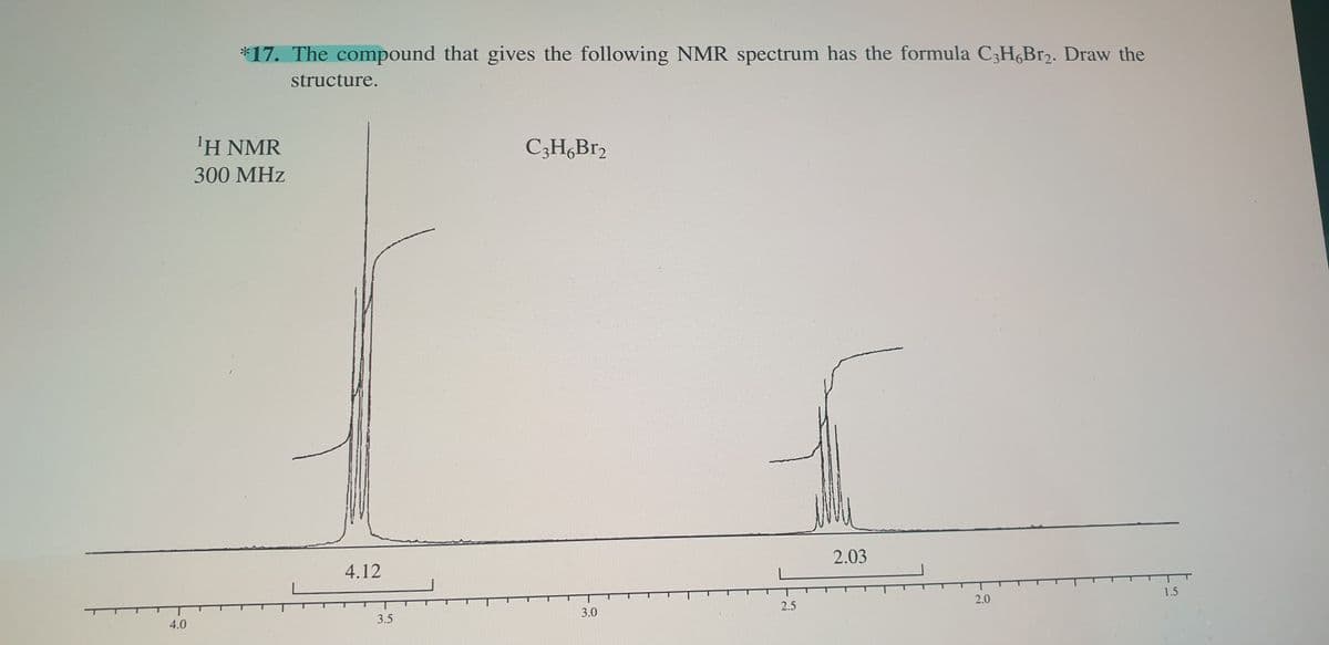 *17. The compound that gives the following NMR spectrum has the formula C3H¿Br2. Draw the
structure.
1Η ΝMR
C3H,Br2
300 МHz
2.03
4.12
1.5
2.0
2.5
3.0
3.5
4.0
