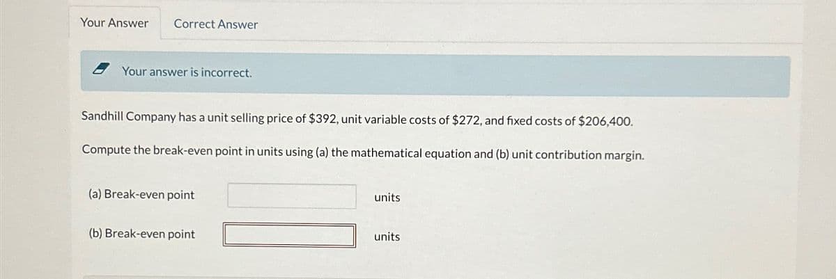 Your Answer
Correct Answer
Your answer is incorrect.
Sandhill Company has a unit selling price of $392, unit variable costs of $272, and fixed costs of $206,400.
Compute the break-even point in units using (a) the mathematical equation and (b) unit contribution margin.
(a) Break-even point
(b) Break-even point
units
units