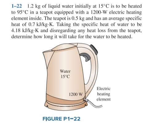 1-22 1.2 kg of liquid water initially at 15°C is to be heated
to 95°C in a teapot equipped with a 1200-W electric heating
element inside. The teapot is 0.5 kg and has an average specific
heat of 0.7 kJ/kg-K. Taking the specific heat of water to be
4.18 kJ/kg-K and disregarding any heat loss from the teapot,
determine how long it will take for the water to be heated.
Water
15°C
Electric
heating
element
1200 W
FIGURE P1-22
