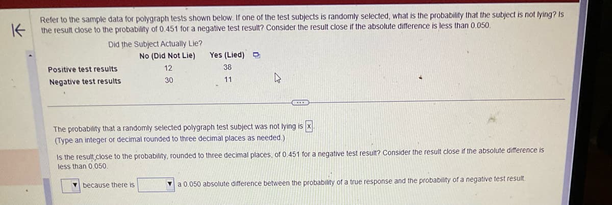 K
Refer to the sample data for polygraph tests shown below. If one of the test subjects is randomly selected, what is the probability that the subject is not lying? Is
the result close to the probability of 0.451 for a negative test result? Consider the result close if the absolute difference is less than 0.050.
Did the Subject Actually Lie?
No (Did Not Lie)
12
30
Positive test results
Negative test results
Yes (Lied)
38
11
The probability that a randomly selected polygraph test subject was not lying is x.
(Type an integer or decimal rounded to three decimal places as needed.)
Is the result close to the probability, rounded to three decimal places, of 0.451 for a negative test result? Consider the result close if the absolute difference is
less than 0.050.
because there is
a 0.050 absolute difference between the probability of a true response and the probability of a negative test result.