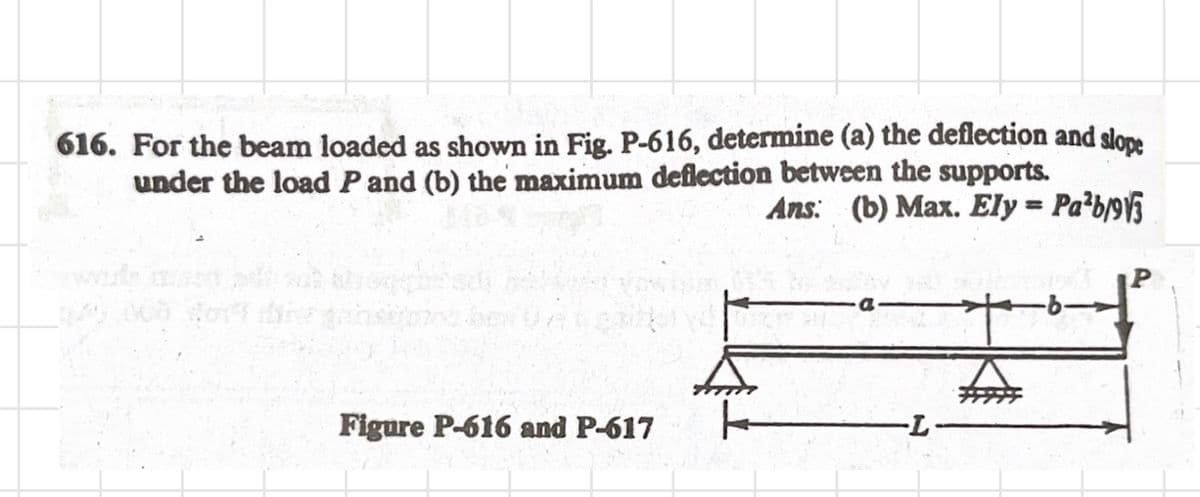 616. For the beam loaded as shown in Fig. P-616, determine (a) the deflection and slope
under the load P and (b) the maximum deflection between the supports.
Ans: (b) Max. Ely = Pa³b/93
P
+
Ar
Figure P-616 and P-617
k
-L