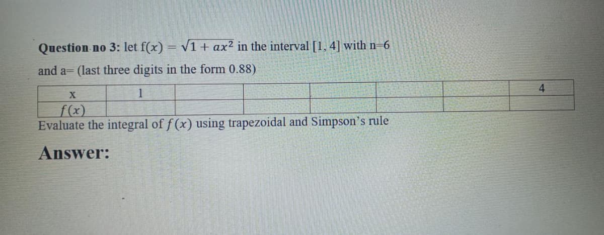 Question no 3: let f(x) = v1 + ax² in the interval [1, 4] with n=6
and a= (last three digits in the form 0.88)
4
X
1
f(x)
Evaluate the integral of f (x) using trapezoidal and Simpson's rule
Answer:
