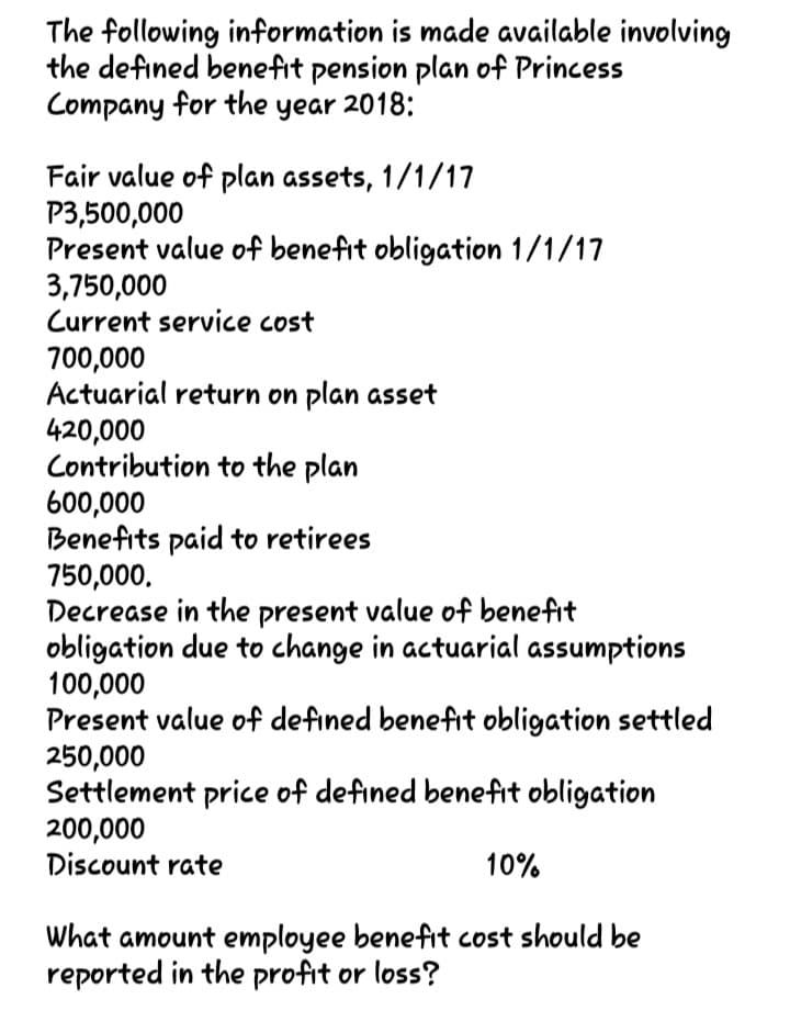 The following information is made available involving
the defined benefit pension plan of Princess
Company for the year 2018:
Fair value of plan assets, 1/1/17
P3,500,000
Present value of benefit obligation 1/1/17
3,750,000
Current service cost
700,000
Actuarial return on plan asset
420,000
Contribution to the plan
600,000
Benefits paid to retirees
750,000.
Decrease in the present value of benefit
obligation due to change in actuarial assumptions
100,000
Present value of defined benefit obligation settled
250,000
Settlement price of defined benefit obligation
200,000
Discount rate
10%
What amount employee benefit cost should be
reported in the profit or loss?
