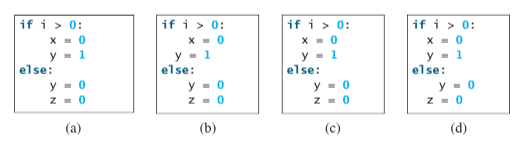 if i > 0:
x - 0
if i > 0:
X - 0
if i > 0:
if i > 0:
X - 0
X - 0
y - 1
else:
У 1
y - 1
else:
y - 1
else:
else:
y - 0
y - 0
y - 0
y - 0
Z - 0
(a)
(b)
(c)
(d)
