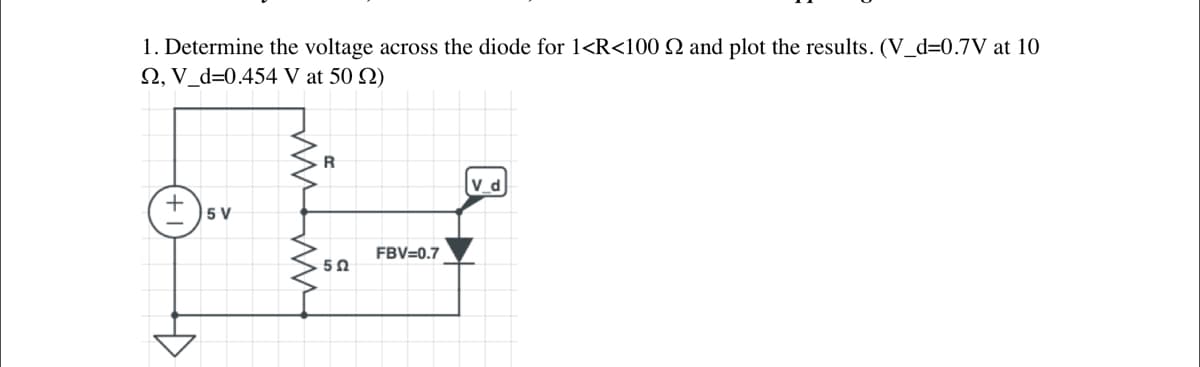 1. Determine the voltage across the diode for 1<R<100 2 and plot the results. (V_d=0.7V at 10
2, V_d=0.454 V at 50 22)
5 V
502
FBV=0.7
V d