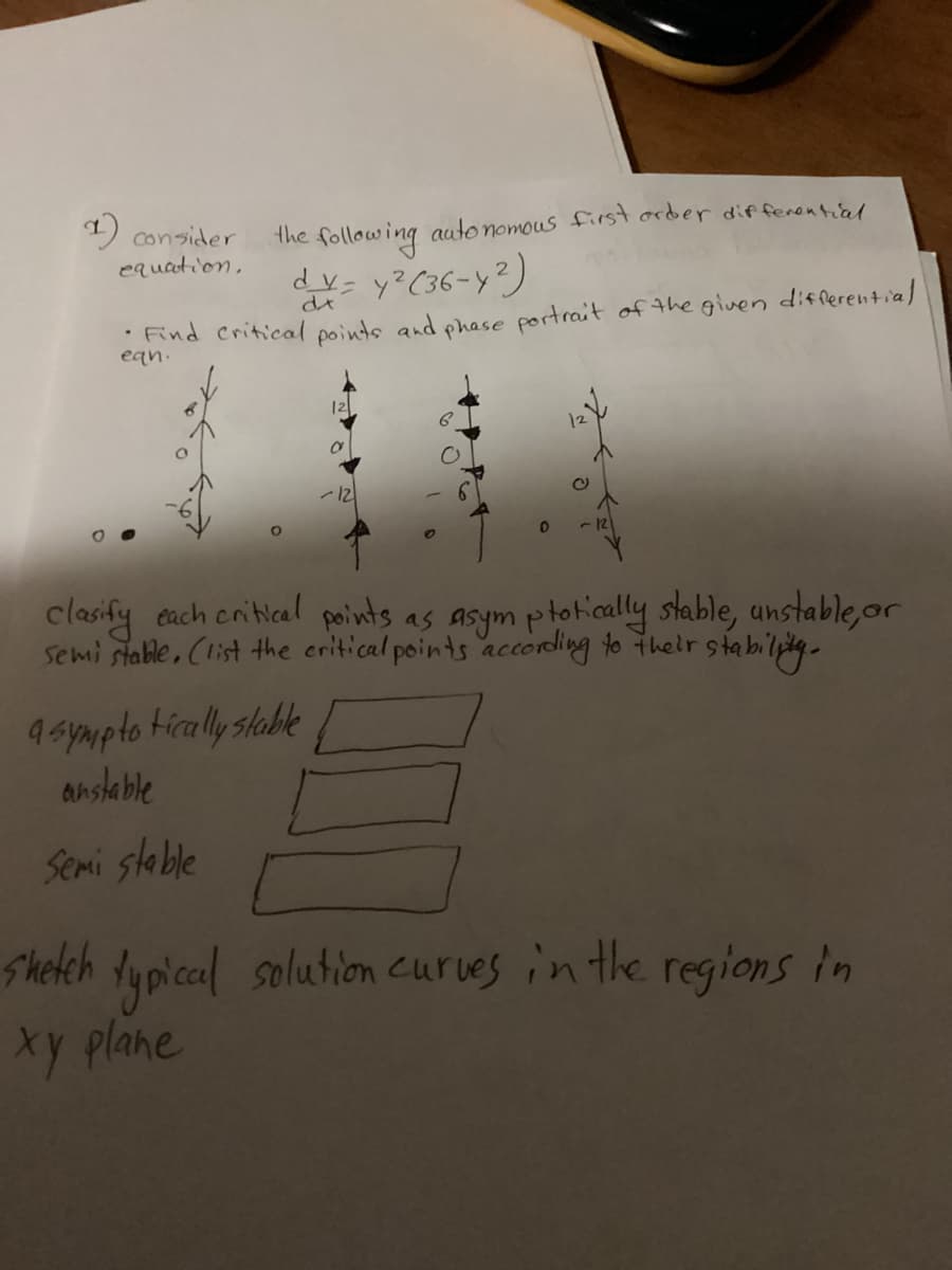 1) consider
equation.
the following autonomous first order differential
d_v= y² (36-y²)
dx
• Find critical points and phase portrait of the given differential
ean.
-12
O
0
clasify each critical points as asymptotically stable, unstable, or
semi stable. (list the critical points according to their stability.
asymptotically stable
anstable
Semi stable
shetch typical solution curves in the regions in
xy plane