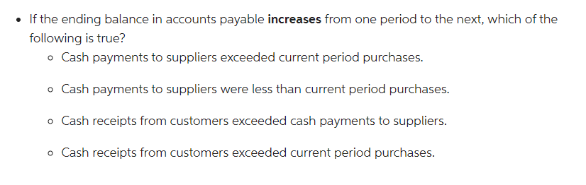 If the ending balance in accounts payable increases from one period to the next, which of the
following is true?
o Cash payments to suppliers exceeded current period purchases.
o Cash payments to suppliers were less than current period purchases.
o Cash receipts from customers exceeded cash payments to suppliers.
o Cash receipts from customers exceeded current period purchases.