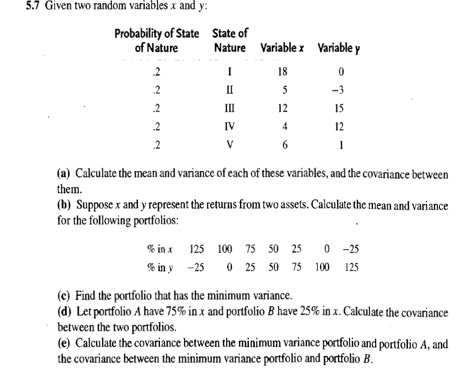 5.7 Given two random variables x and y:
Probability of State
of Nature
State of
Nature Variable x Variable y
22222
I
18
0
II
5
-3
III
12
15
IV
4
12
V
6
1
(a) Calculate the mean and variance of each of these variables, and the covariance between
them.
(b) Suppose x and y represent the returns from two assets. Calculate the mean and variance
for the following portfolios:
% in x
125
% in y
-25
100 75 50 25 0 -25
0 25 50 75 100 125
(c) Find the portfolio that has the minimum variance.
(d) Let portfolio A have 75% in x and portfolio B have 25% in x. Calculate the covariance
between the two portfolios.
(e) Calculate the covariance between the minimum variance portfolio and portfolio A, and
the covariance between the minimum variance portfolio and portfolio B.