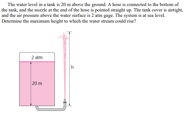 The water level in a tank is 20 m above the ground. A hose is connected to the bottom of
the tank, and the nozzle at the end of the hose is pointed straight up. The tank cover is airtight,
and the air pressure above the water surface is 2 atm gage. The system is at sea level.
Determine the maximum height to which the water stream could rise?
2 atm
h
20 m
