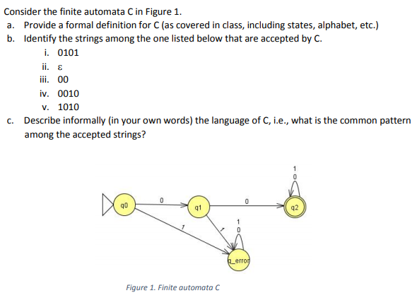 Consider the finite automata C in Figure 1.
a. Provide a formal definition for C (as covered in class, including states, alphabet, etc.)
b. Identify the strings among the one listed below that are accepted by C.
i. 0101
ii. 8
iii. 00
iv. 0010
v. 1010
c. Describe informally (in your own words) the language of C, i.e., what is the common pattern
among the accepted strings?
DO
q1
Lerron
Figure 1. Finite automata C
